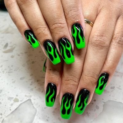 Green And Black Flame Nails
