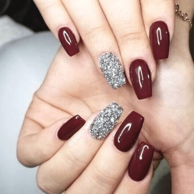 Burgundy Nails With Silver Glitter Accent