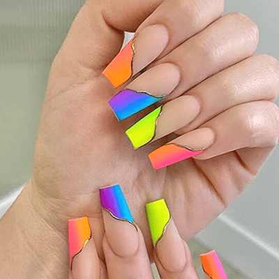 Colorful French Coffin Nails