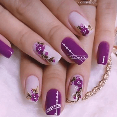 Purple Nails With Flowers Art