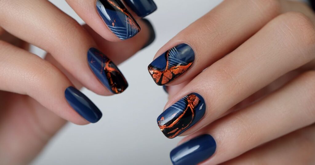 7. Navy Blue and Gold Floral Nail Art - wide 4