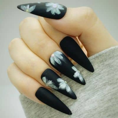 Black Stiletto Nails With Floral Accent