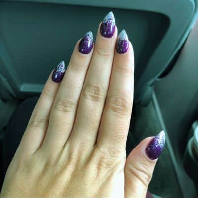 Purple And Silver Glitter Stiletto Nail Art