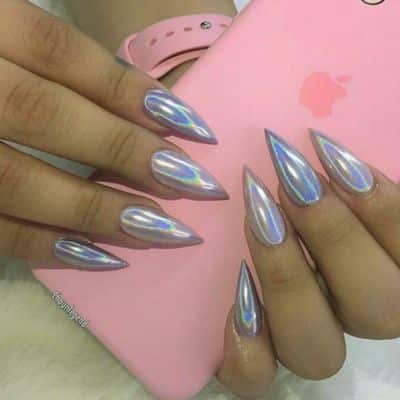 Silver Holographic Stiletto Nails 